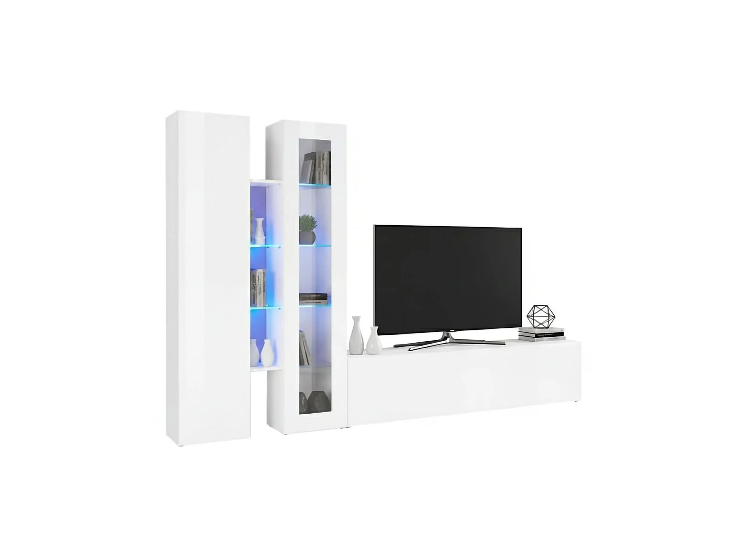 Wohnzimmermöbel Dimitri, Wohnzimmer-Set TV-Möbel mit 3 Türen, Mehrzweck-Wohnmöbel mit Vitrine und LED-Licht, 100 % Made in Italy, cm 280x30h180, glänzend weiÃŸ