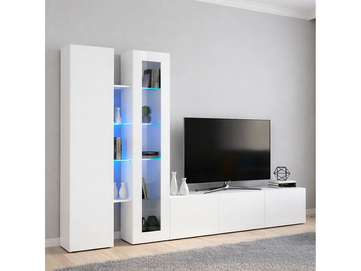 Wohnzimmermöbel Dimitri, Wohnzimmer-Set TV-Möbel mit 3 Türen, Mehrzweck-Wohnmöbel mit Vitrine und LED-Licht, 100 % Made in Italy, cm 280x30h180, glänzend weiÃŸ