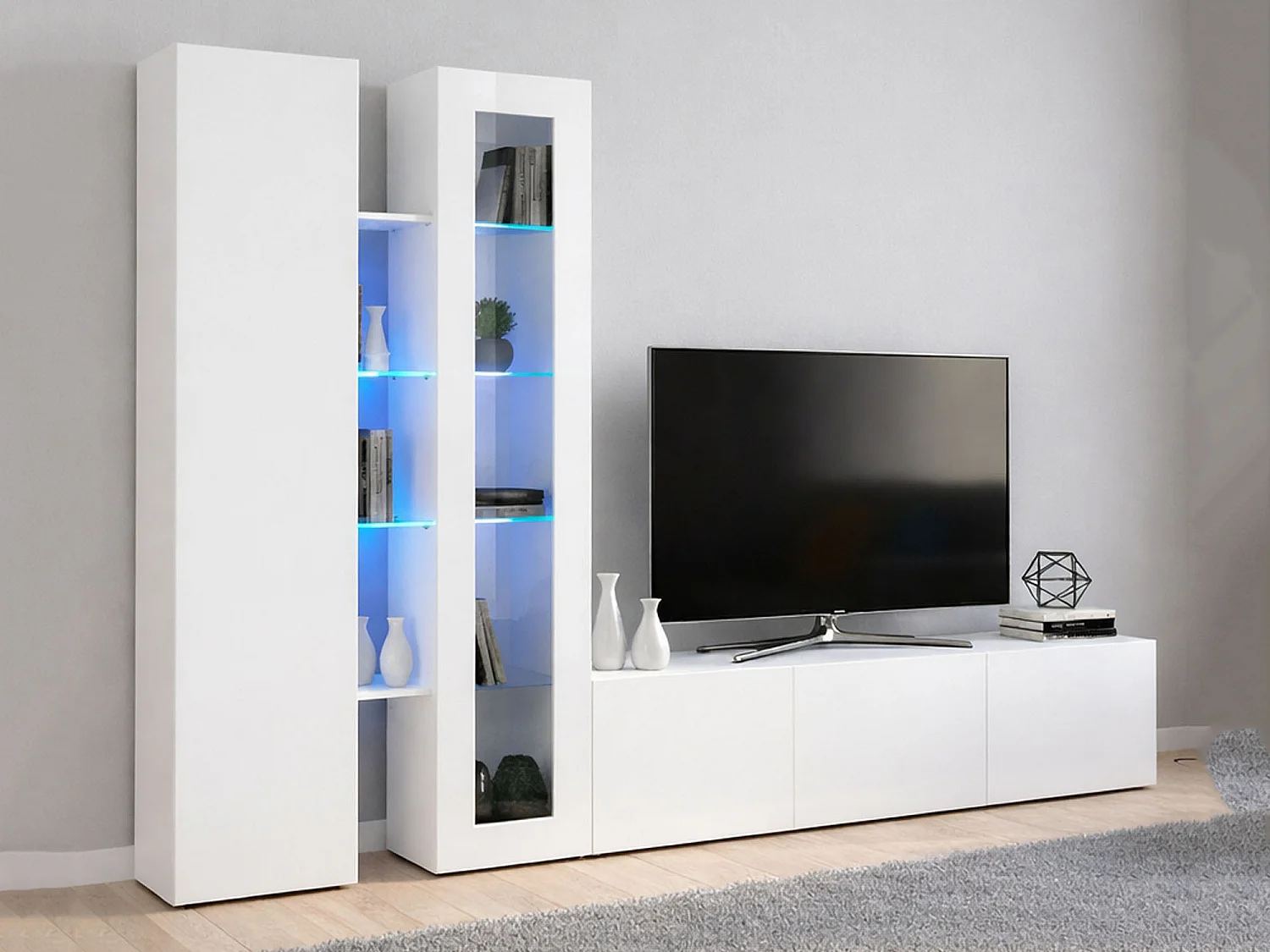 Wohnzimmermöbel Dimitri, Wohnzimmer-Set TV-Möbel mit 3 Türen, Mehrzweck-Wohnmöbel mit Vitrine und LED-Licht, 100 % Made in Italy, cm 280x30h180, glänzend weiÃŸ