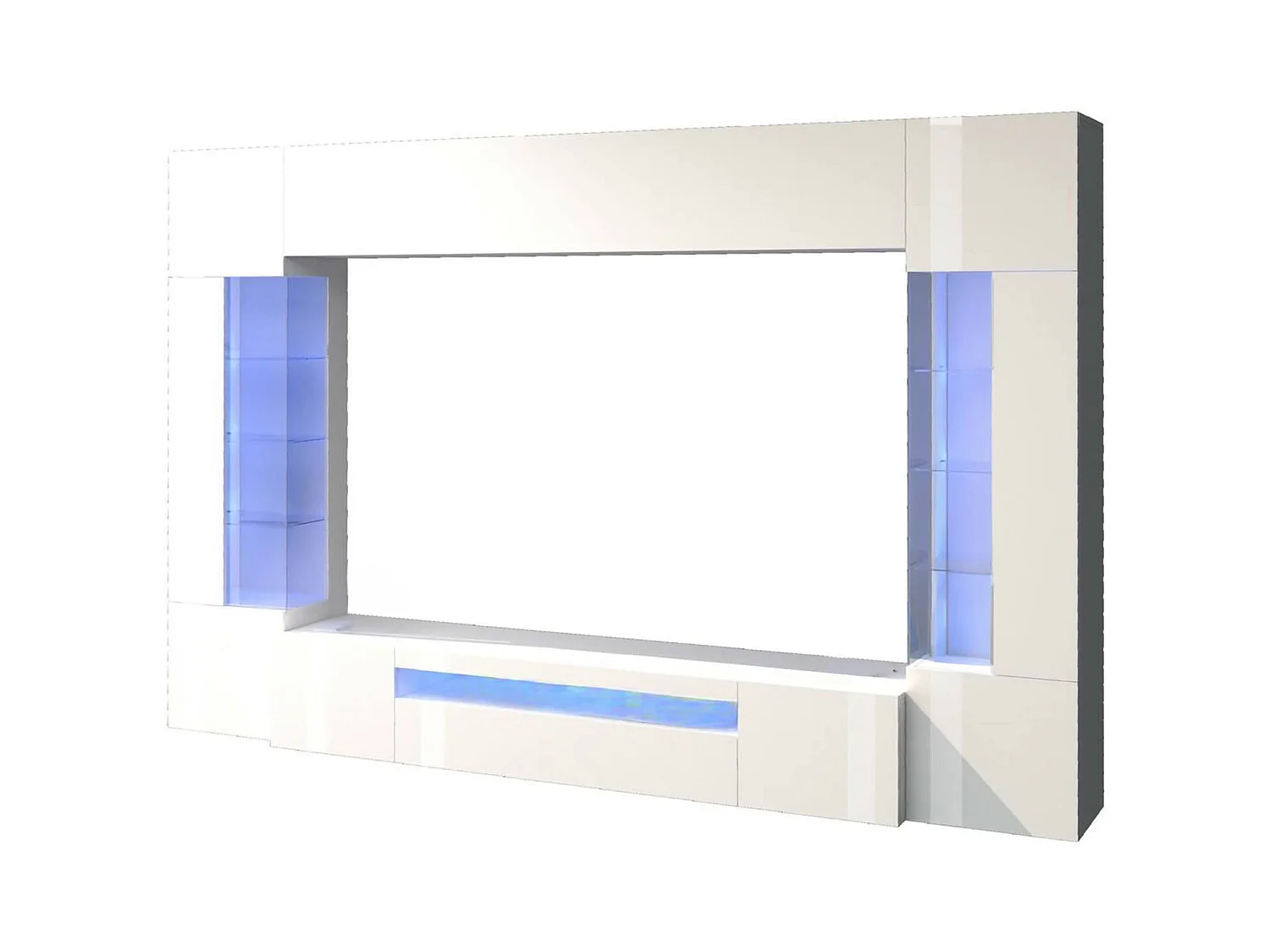 Système mural Clementino, meuble TV 6 portes, Meuble de salon polyvalent avec lumière LED, 100% Made in Italy, 290x40h191 cm, Blanc brillant