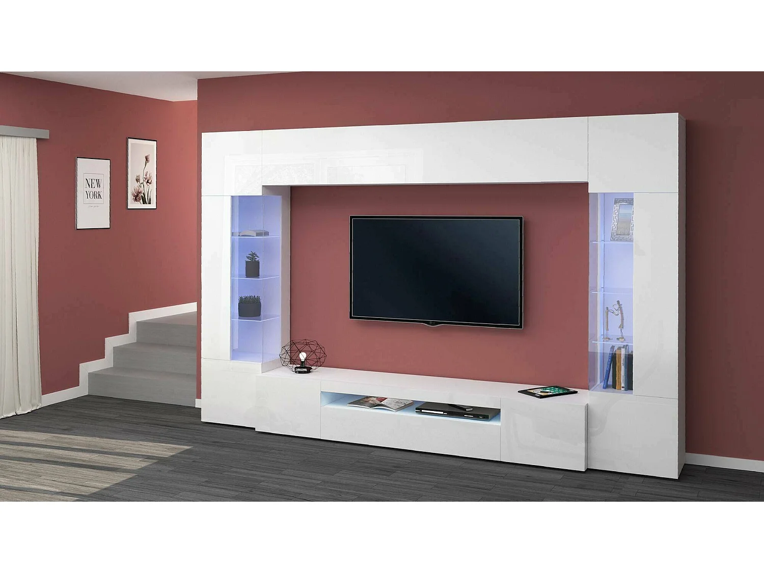 Parete attrezzata Clementino, Set salotto porta TV a 6 ante, Mobile soggiorno multiuso con luce LED, 100% Made in Italy, cm 290x40h191, Bianco lucido
