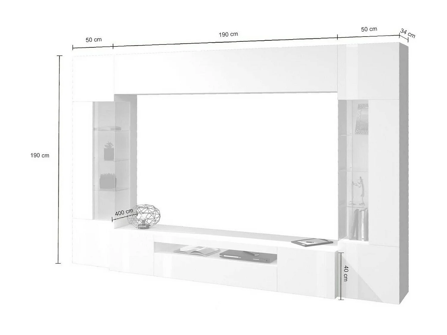 Pared Equipada Clementino, Conjunto de alón Mueble de TV con 6 puerta, Mueble de alón polivalente con luz LED, 100% Made in Italy, cm 290x40h191, Blanco brillante