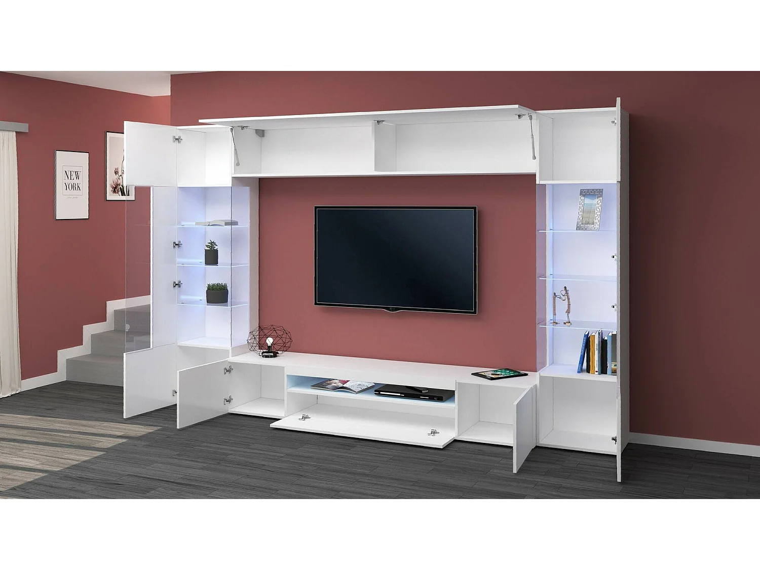 Pared Equipada Clementino, Conjunto de alón Mueble de TV con 6 puerta, Mueble de alón polivalente con luz LED, 100% Made in Italy, cm 290x40h191, Blanco brillante