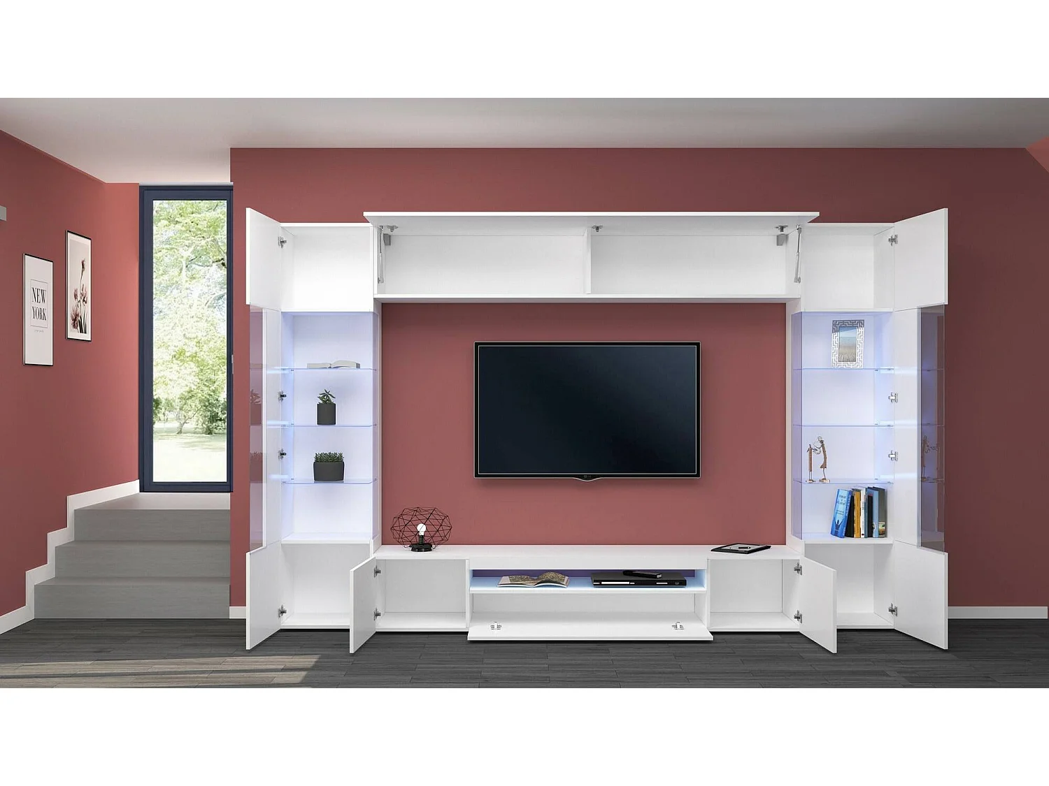 Système mural Clementino, meuble TV 6 portes, Meuble de salon polyvalent avec lumière LED, 100% Made in Italy, 290x40h191 cm, Blanc brillant