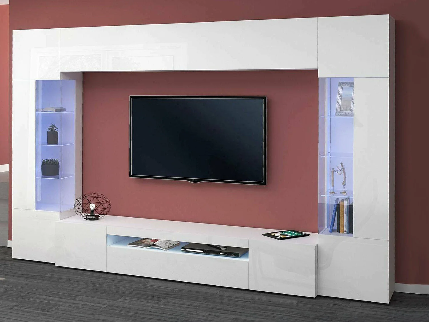 Système mural Clementino, meuble TV 6 portes, Meuble de salon polyvalent avec lumière LED, 100% Made in Italy, 290x40h191 cm, Blanc brillant