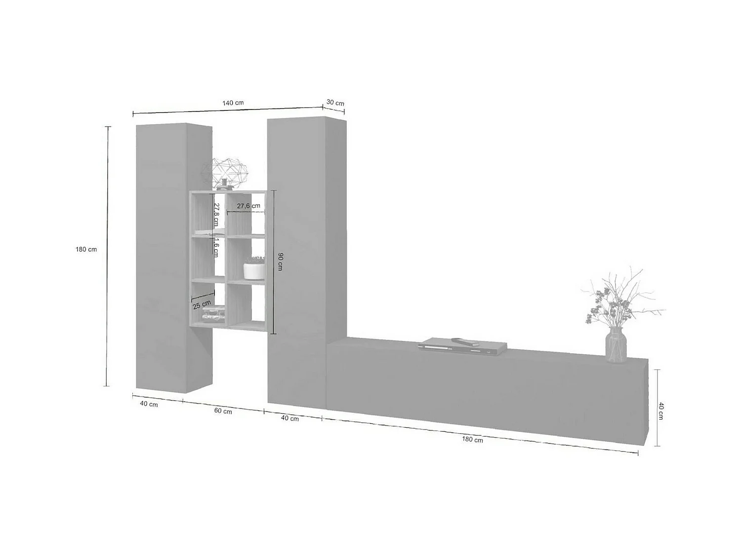 Emiliano wandmeubel, 3-deurs tv-meubel woonkamerset, multifunctioneel woonkamermeubilair, 100% Made in Italy, 320x30h180 cm, antraciet en esdoorn