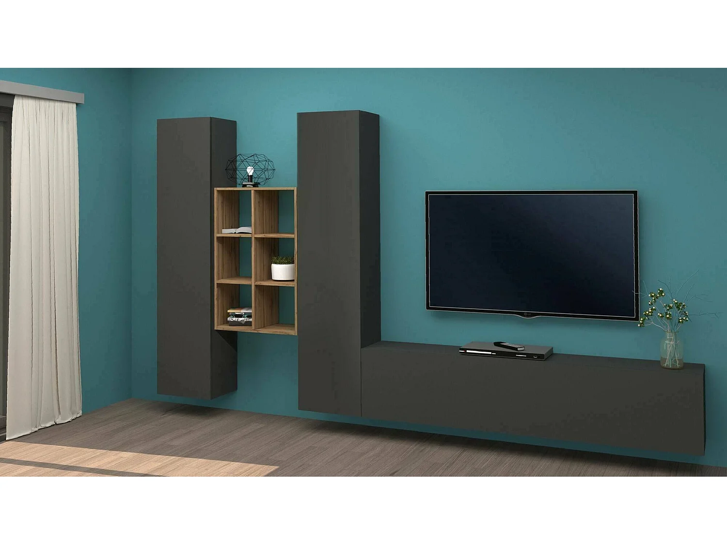 Emiliano wandmeubel, 3-deurs tv-meubel woonkamerset, multifunctioneel woonkamermeubilair, 100% Made in Italy, 320x30h180 cm, antraciet en esdoorn