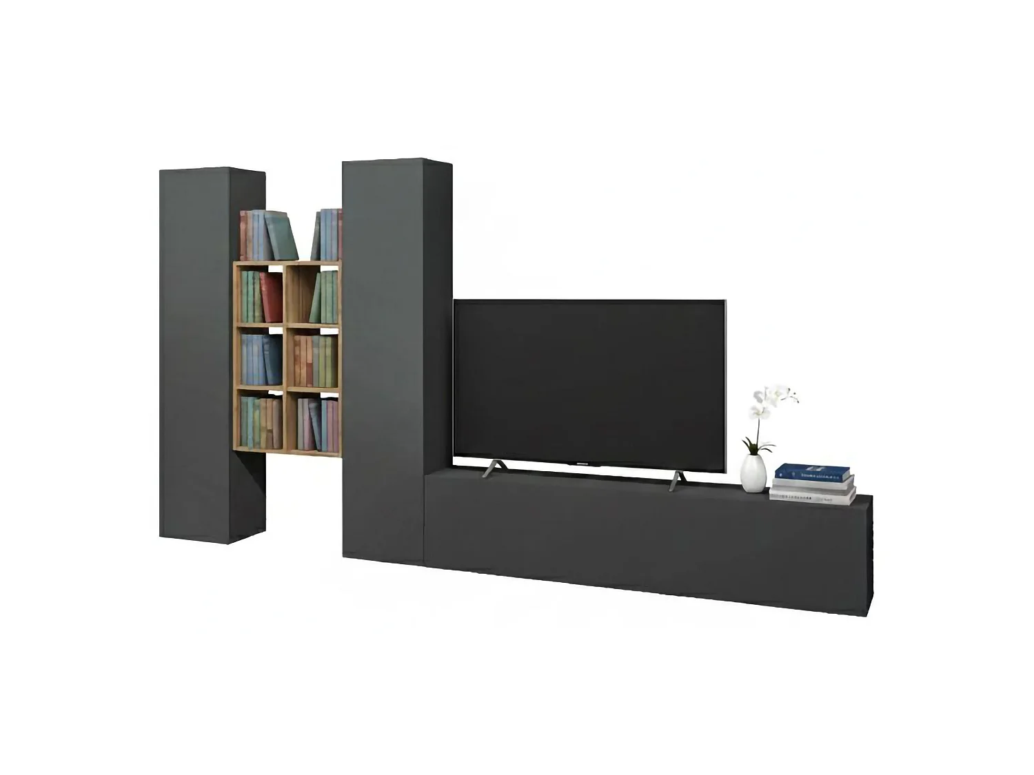 Élément mural Emiliano, meuble TV 3 portes, Meuble de salon polyvalent, 100% Made in Italy, 320x30h180 cm, Anthracite et Érable