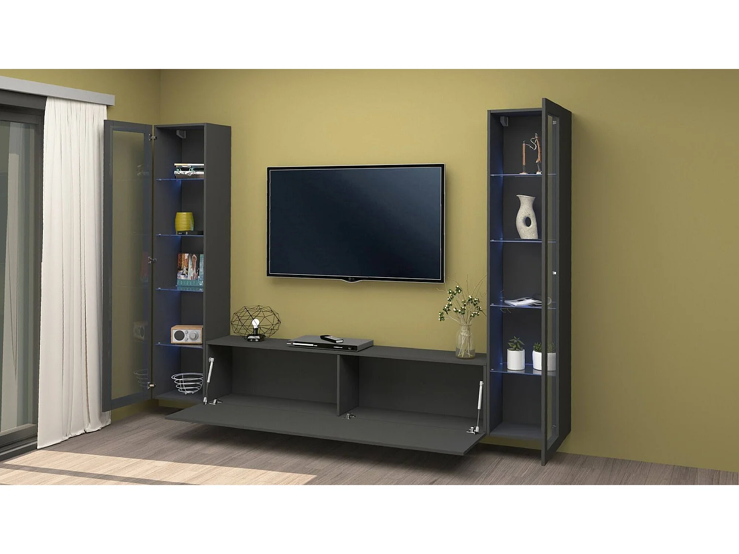 Pared Equipada Gino, Conjunto de salón Mueble de TV con 3 puertas, Mueble de salón polivalente con vitrina y luz LED, 100% Made in Italy, cm 260x30h180, Antracita
