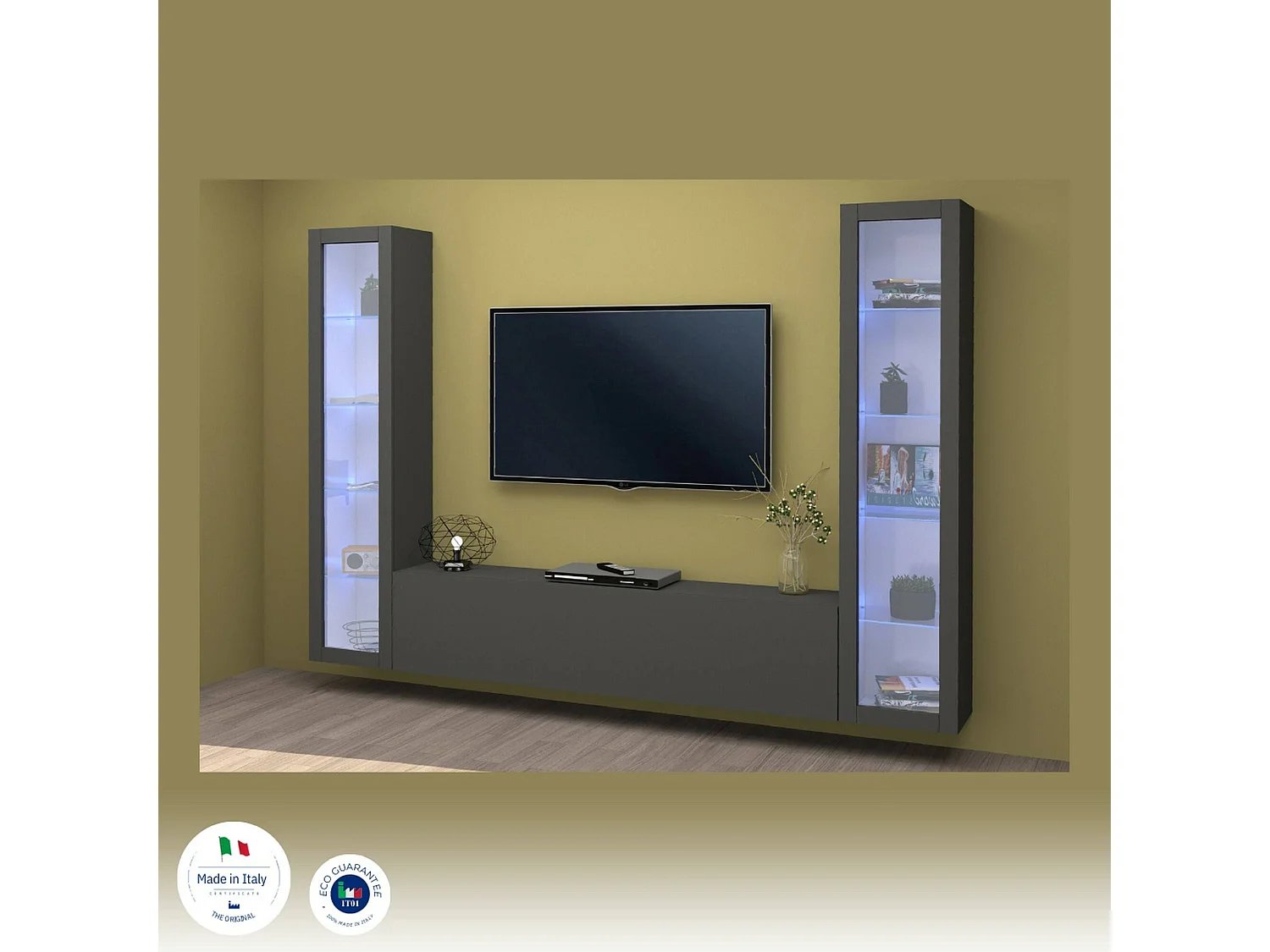 Dmora Wandmeubel Gino 30x260x180h cm Zwart Antraciet 9 Planken, Draaideur en Klapdeur, 3 Deuren Made in Italy