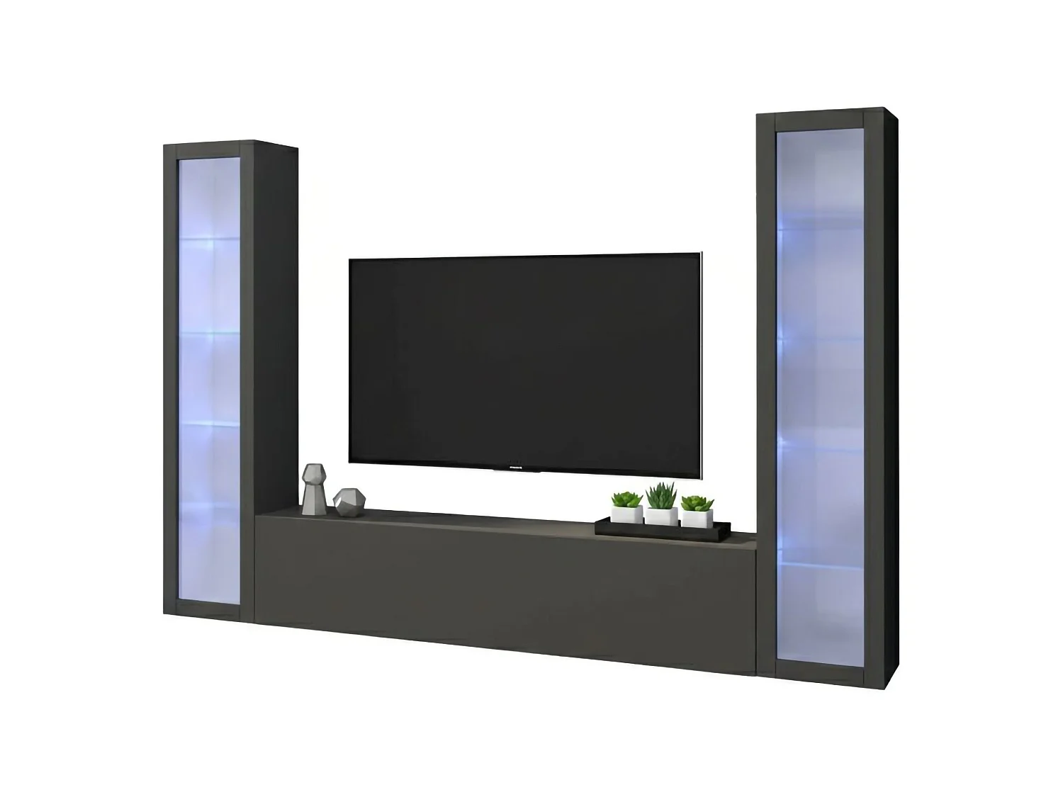 Élément mural Gino, meuble TV 3 portes, meuble de salon polyvalent avec vitrine et lumière LED, 100% Made in Italy, 260x30h180 cm, Anthracite