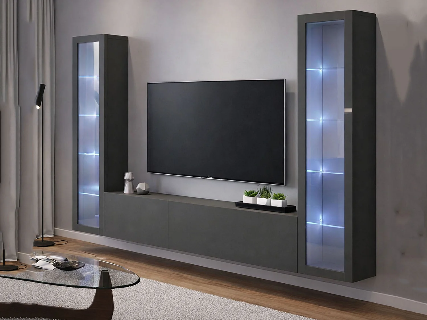 Élément mural Gino, meuble TV 3 portes, meuble de salon polyvalent avec vitrine et lumière LED, 100% Made in Italy, 260x30h180 cm, Anthracite
