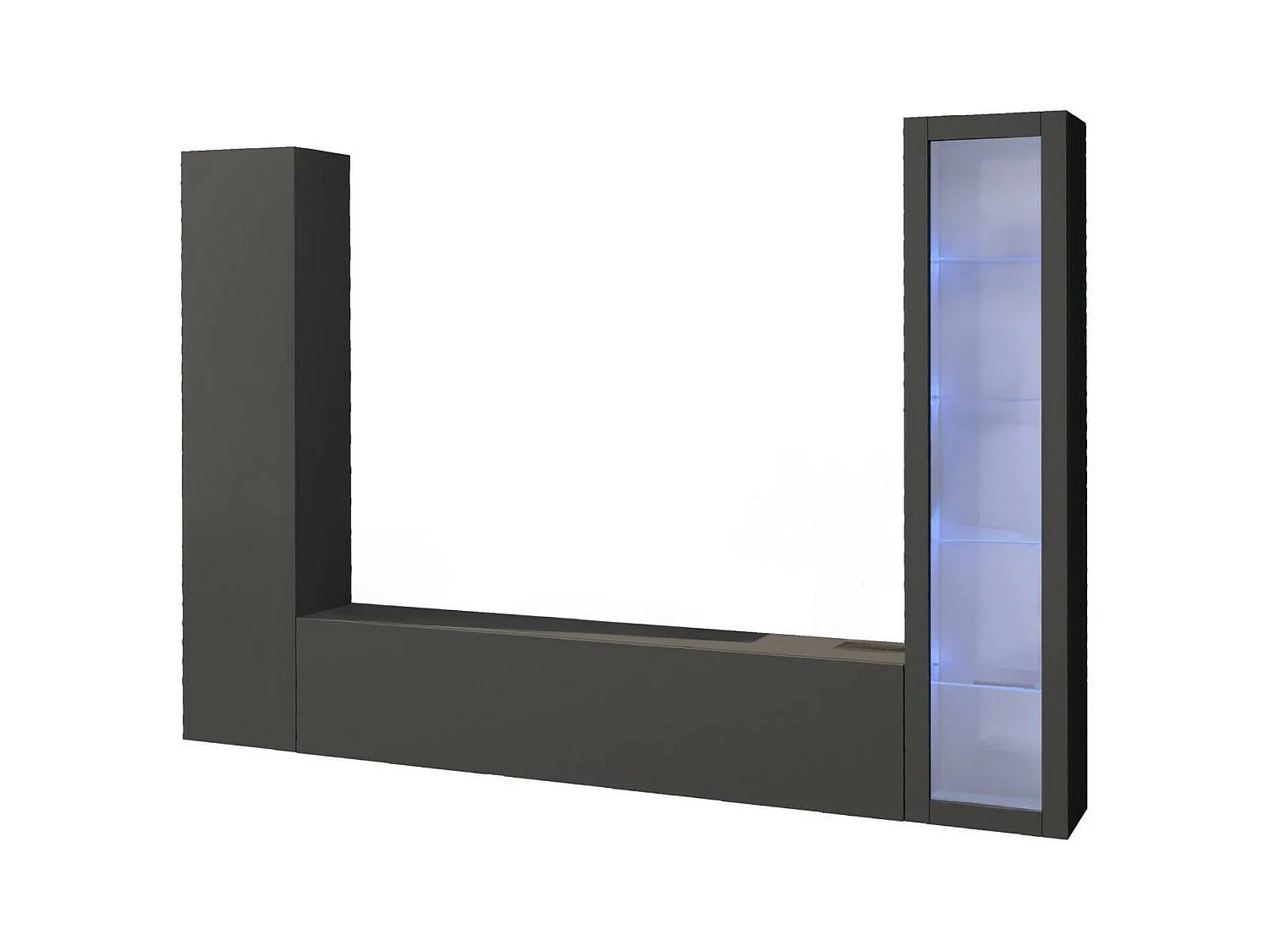 Système mural Girolamo, ensemble de salon meuble TV 3 portes, meuble de salon polyvalent avec vitrine et lumière LED, 100% Made in Italy, 260x30h180 cm, Anthracite