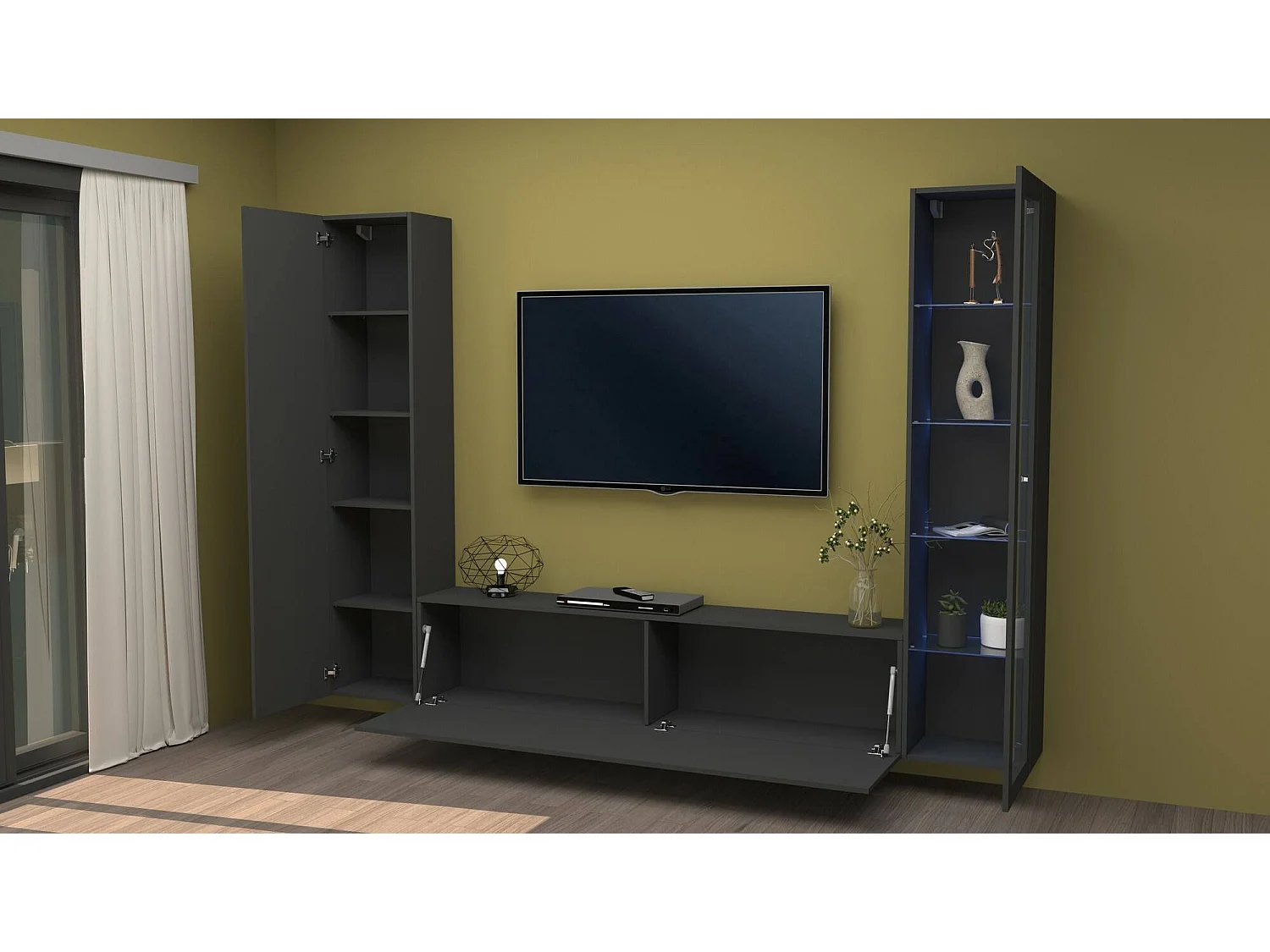 Système mural Girolamo, ensemble de salon meuble TV 3 portes, meuble de salon polyvalent avec vitrine et lumière LED, 100% Made in Italy, 260x30h180 cm, Anthracite