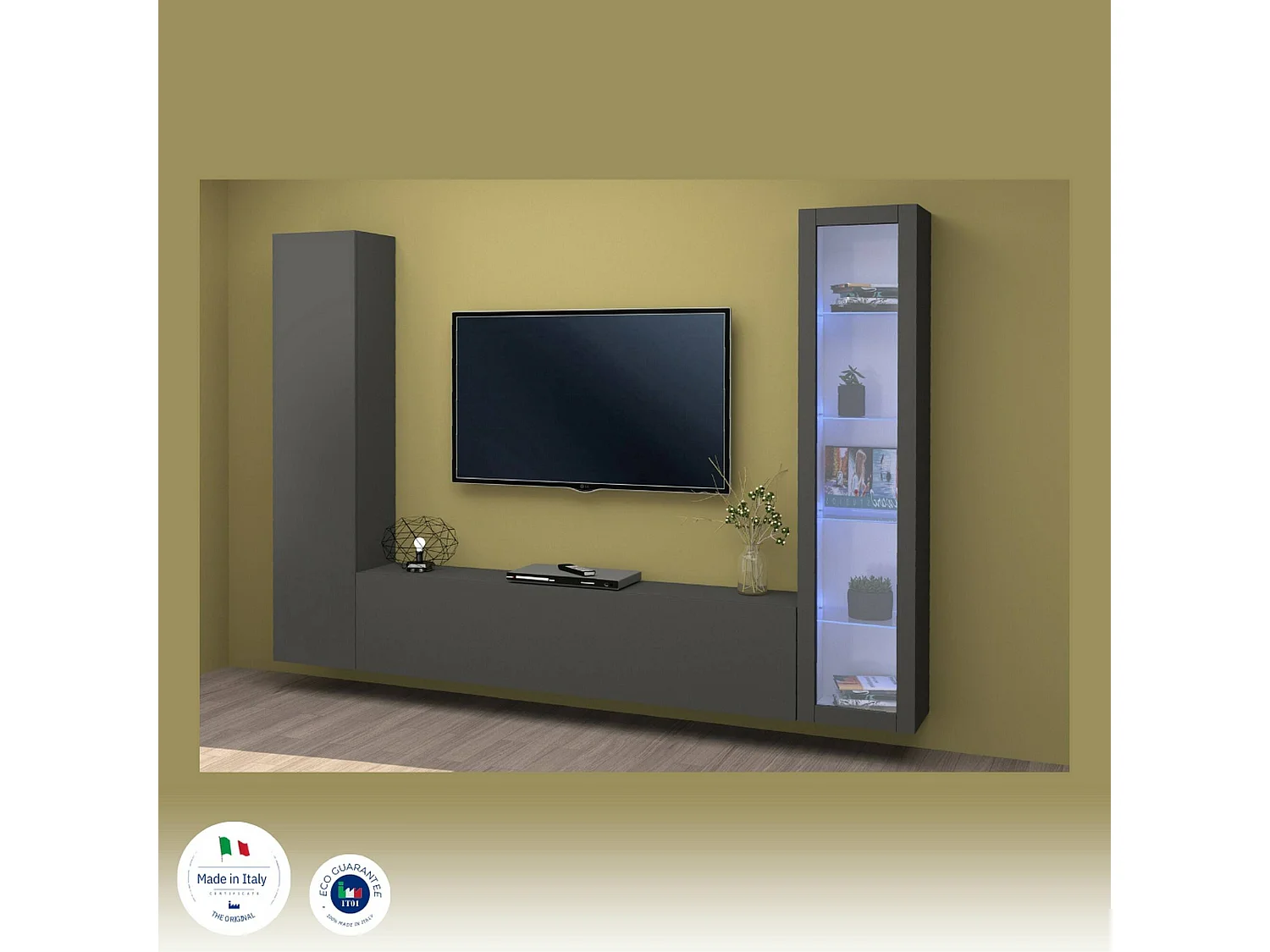 Kommode Girolamo, Wohnzimmer-Set TV-Möbel mit 3 Türen, Mehrzweck-Wohnzimmermöbel mit Vitrine und LED-Licht, 100% Made in Italy, cm 260x30h180, Anthrazit