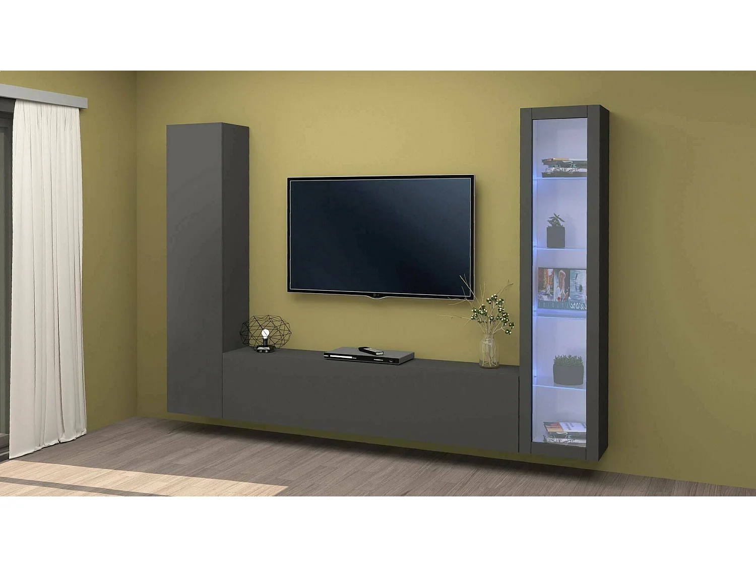 Aparador Girolamo, Conjunto de salón Mueble de TV con 3 puertas, Mueble de salón polivalente con vitrina y luz LED, 100% Made in Italy, cm 260x30h180, Antracita