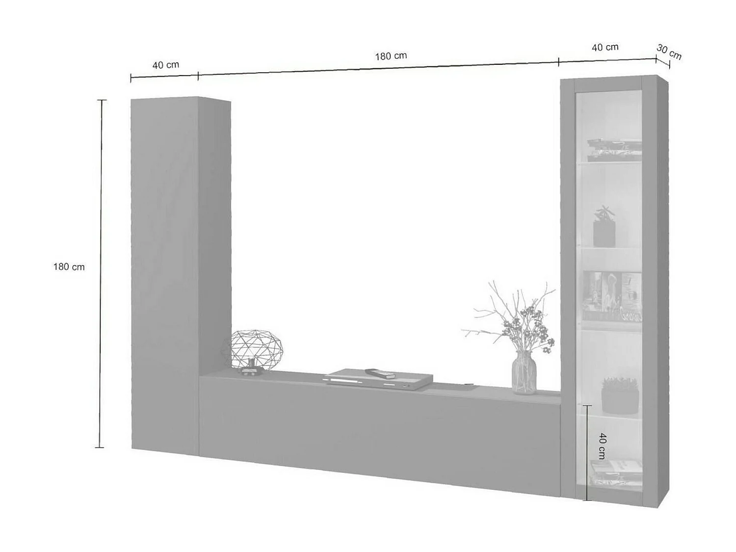 Système mural Girolamo, ensemble de salon meuble TV 3 portes, meuble de salon polyvalent avec vitrine et lumière LED, 100% Made in Italy, 260x30h180 cm, Anthracite