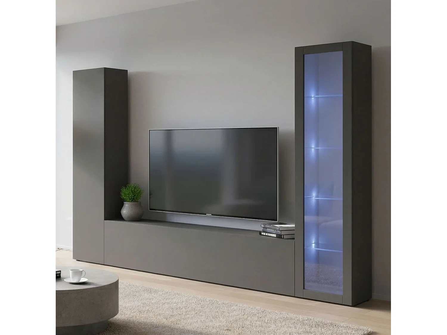 Aparador Girolamo, Conjunto de salón Mueble de TV con 3 puertas, Mueble de salón polivalente con vitrina y luz LED, 100% Made in Italy, cm 260x30h180, Antracita