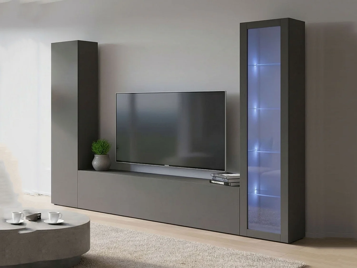 Aparador Girolamo, Conjunto de salón Mueble de TV con 3 puertas, Mueble de salón polivalente con vitrina y luz LED, 100% Made in Italy, cm 260x30h180, Antracita