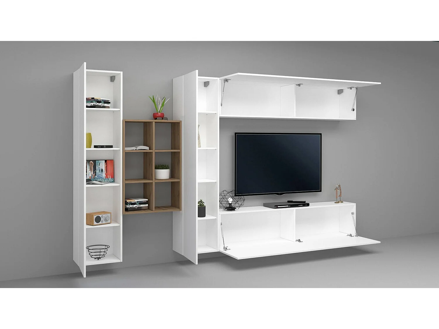 Élément mural Danilo, meuble TV 4 portes, Meuble de salon polyvalent, 100% Made in Italy, 280x30h180 cm, Blanc brillant et érable