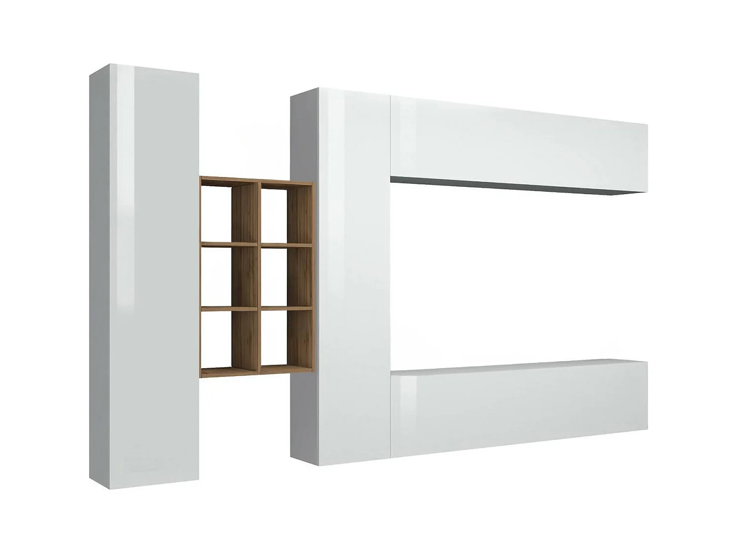 Élément mural Danilo, meuble TV 4 portes, Meuble de salon polyvalent, 100% Made in Italy, 280x30h180 cm, Blanc brillant et érable