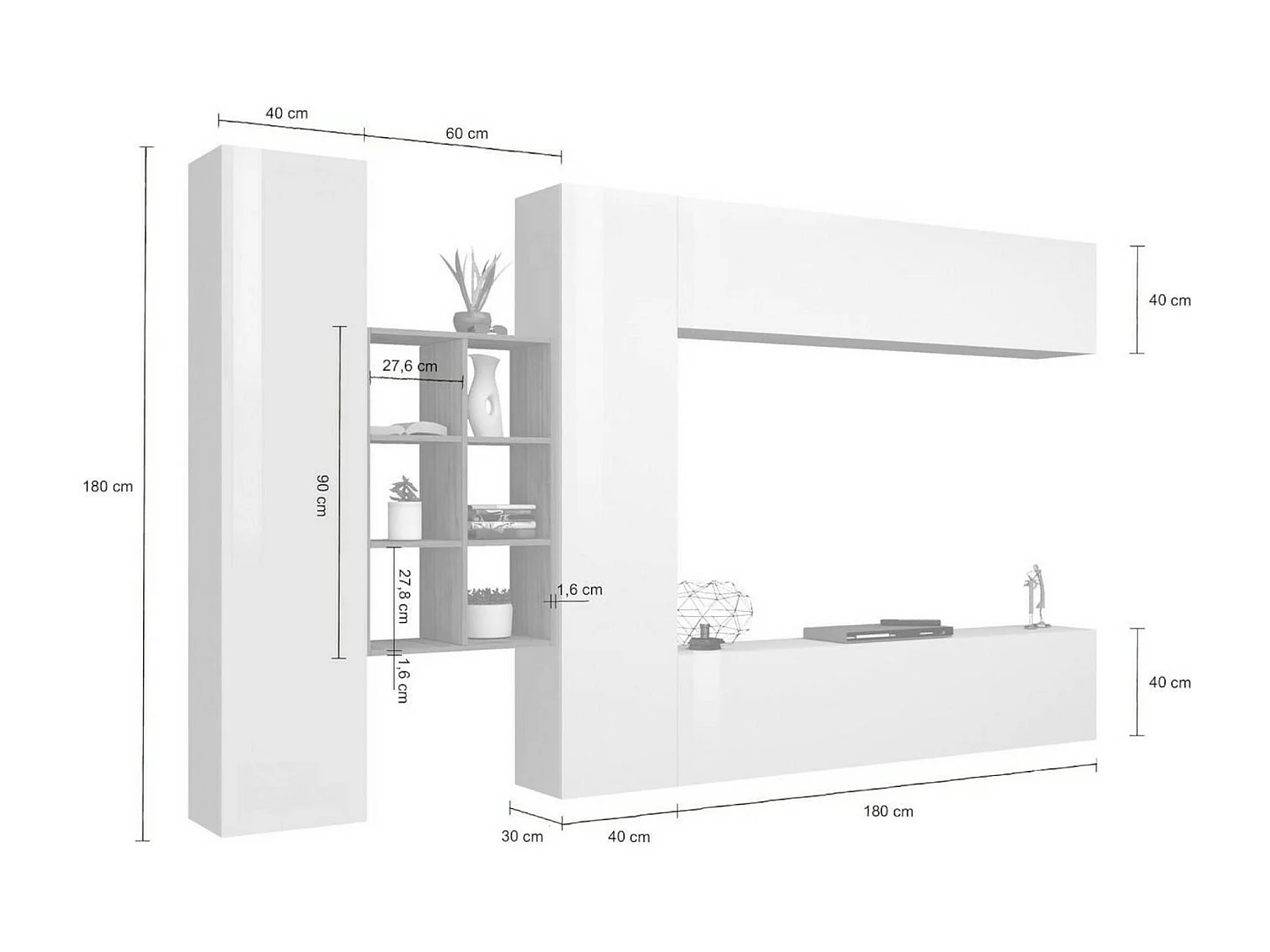 Élément mural Danilo, meuble TV 4 portes, Meuble de salon polyvalent, 100% Made in Italy, 280x30h180 cm, Blanc brillant et érable