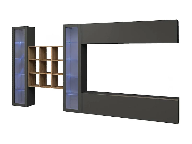 Système mural Gustavo, ensemble de salon meuble TV 4 portes, meuble de salon polyvalent avec vitrine et lumière LED, 100% Made in Italy, 350x30h180 cm, Anthracite