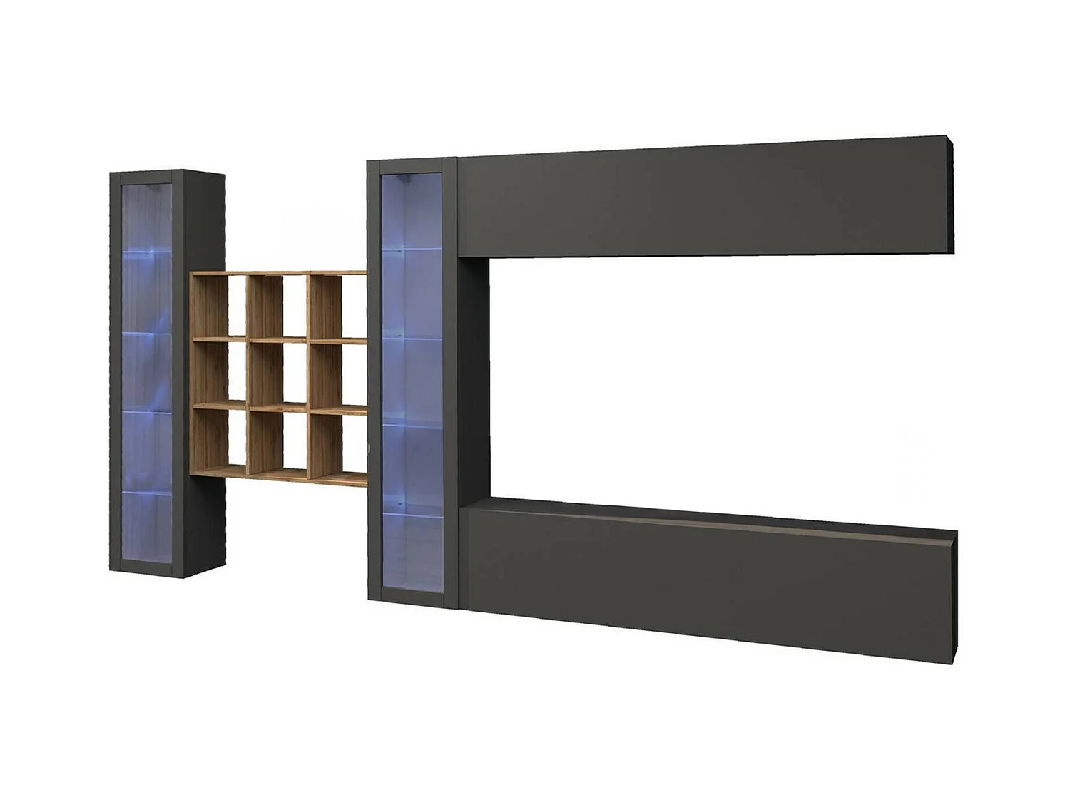Gustavo wandsysteem, 4-deurs TV-meubel woonkamerset, Multifunctioneel woonkamermeubel met vitrine en LED-licht, 100% Made in Italy, 350x30h180 cm, Antraciet