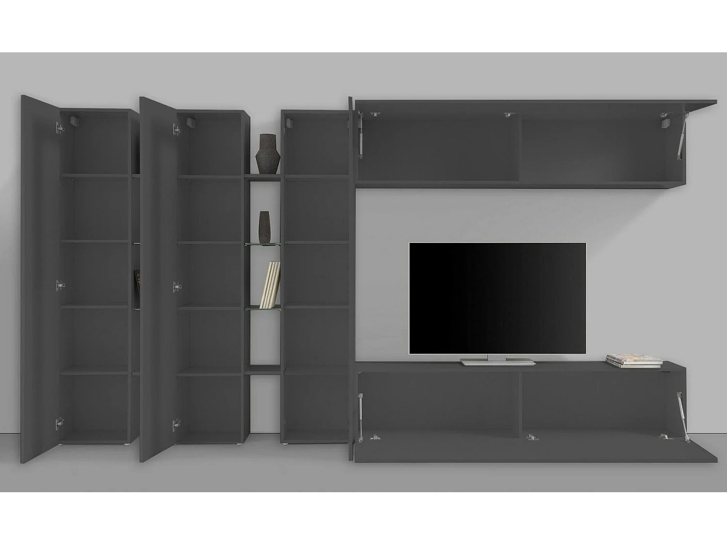 Pared Equipada Carmelo, Conjunto de salón Mueble TV con 5 puertas, Mueble de salón polivalente, 100% Made in Italy, cm 340x30h180, Antracita
