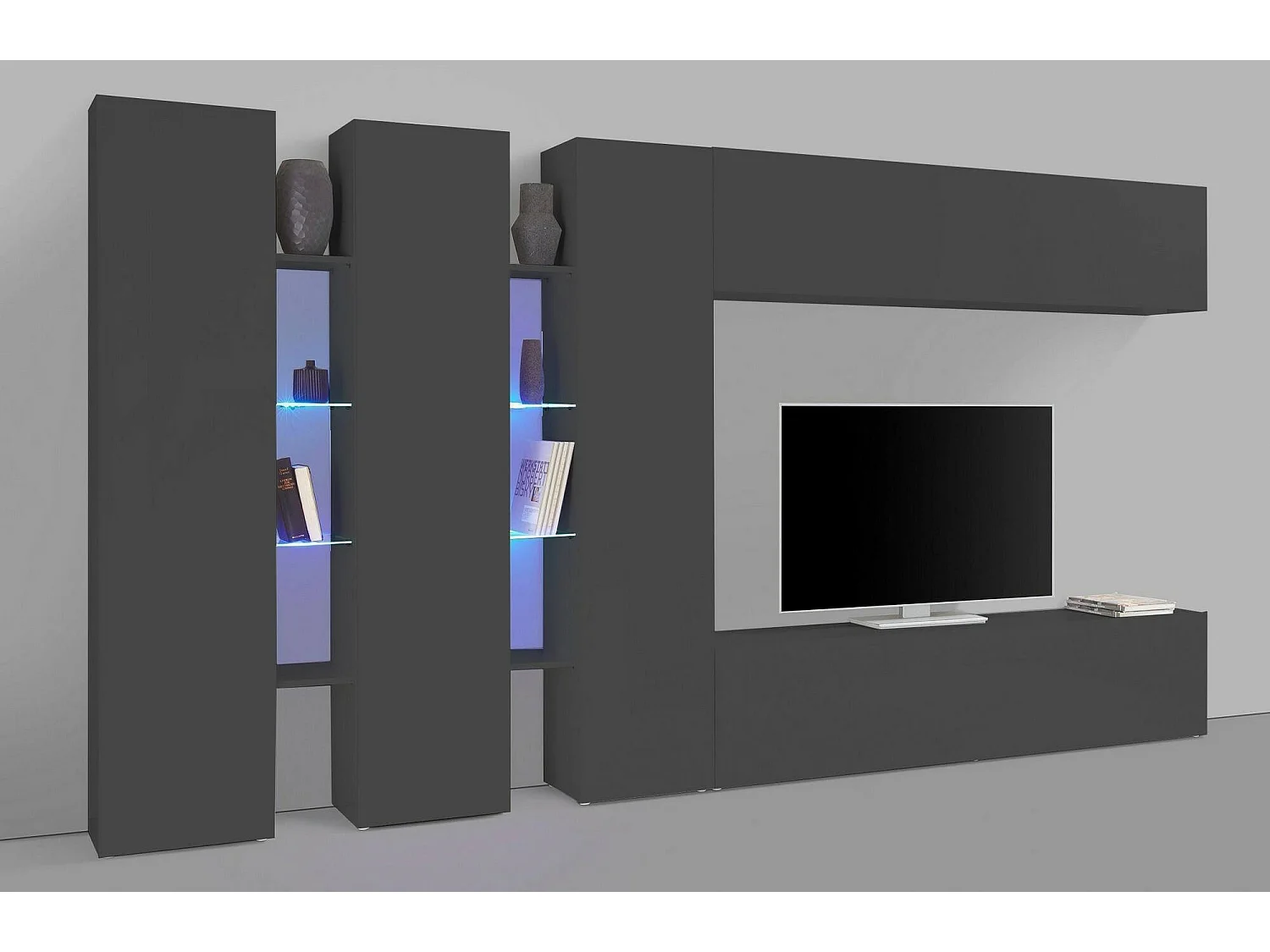 Pared Equipada Carmelo, Conjunto de salón Mueble TV con 5 puertas, Mueble de salón polivalente, 100% Made in Italy, cm 340x30h180, Antracita