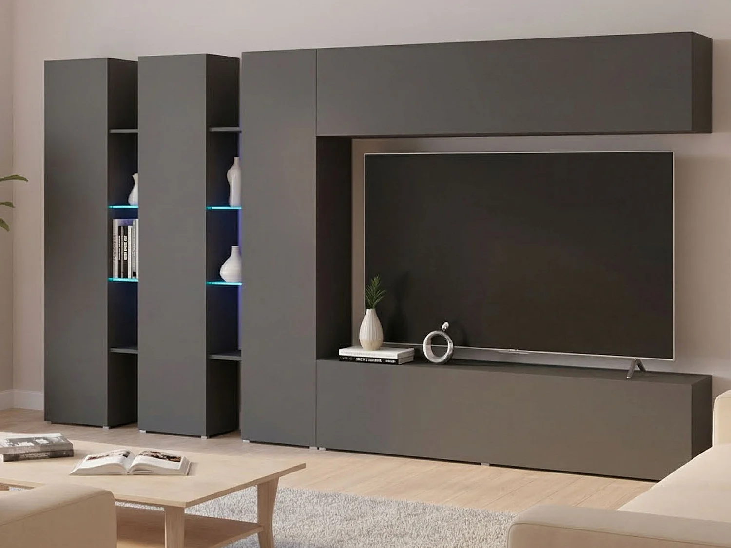Système mural Carmelo, ensemble de salon meuble TV 5 portes, meuble de salon polyvalent, 100% Made in Italy, 340x30h180 cm, Anthracite