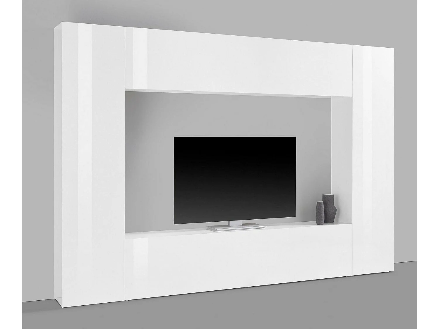 Pared Equipada Luigi, Conjunto de salón Mueble TV con 4 puertas, Mueble de salón polivalente, 100% Made in Italy, cm 260x30h180, Blanco brillante