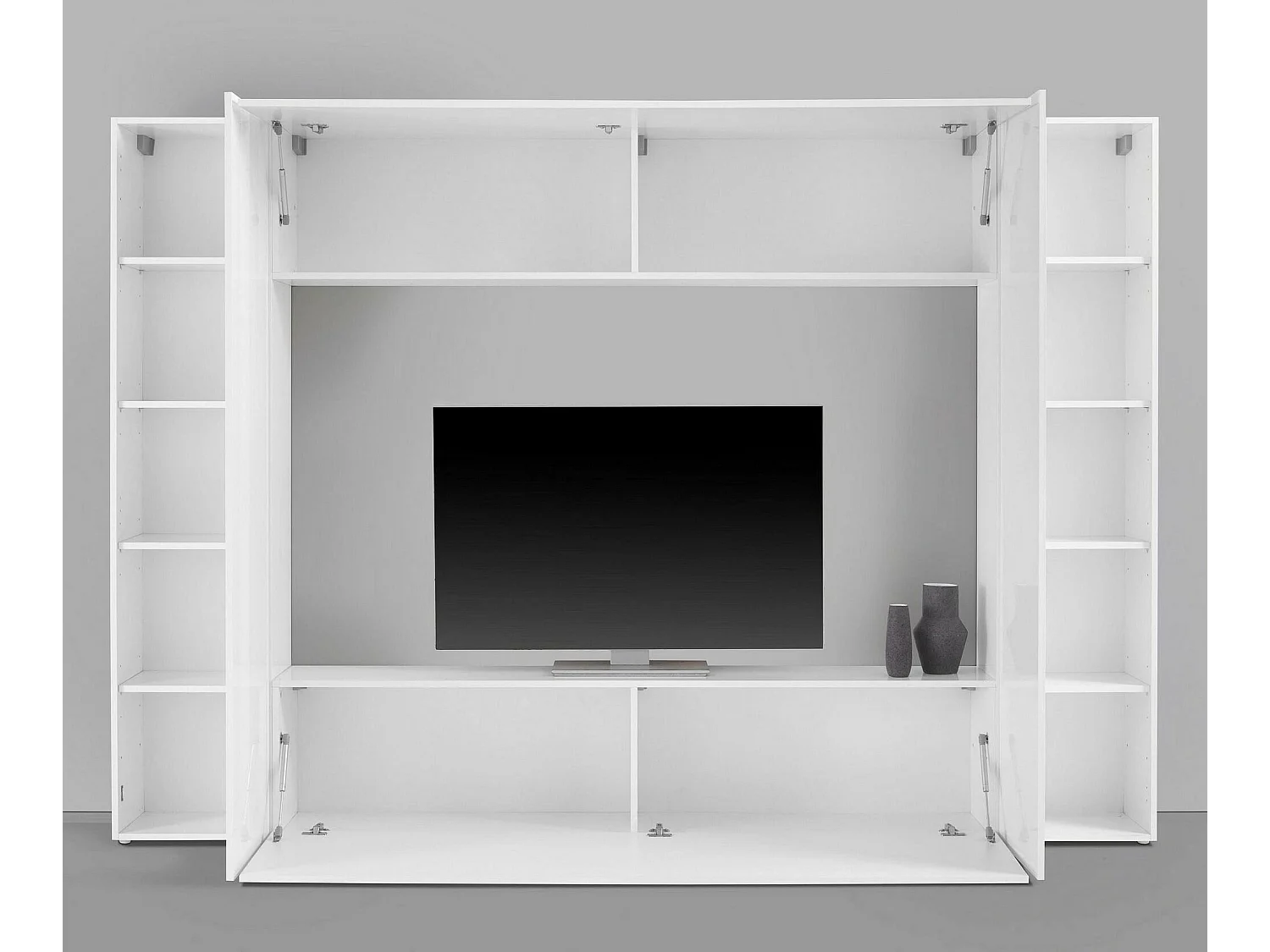 Élément mural Luigi, meuble TV 4 portes, meuble de salon polyvalent, 100% Made in Italy, 260x30h180 cm, Blanc brillant