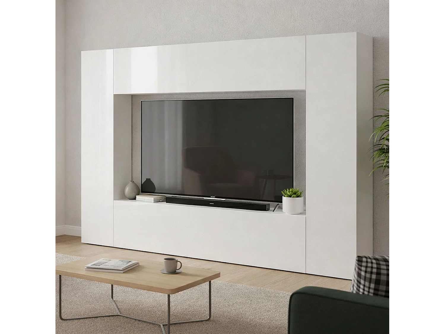 Pared Equipada Luigi, Conjunto de salón Mueble TV con 4 puertas, Mueble de salón polivalente, 100% Made in Italy, cm 260x30h180, Blanco brillante