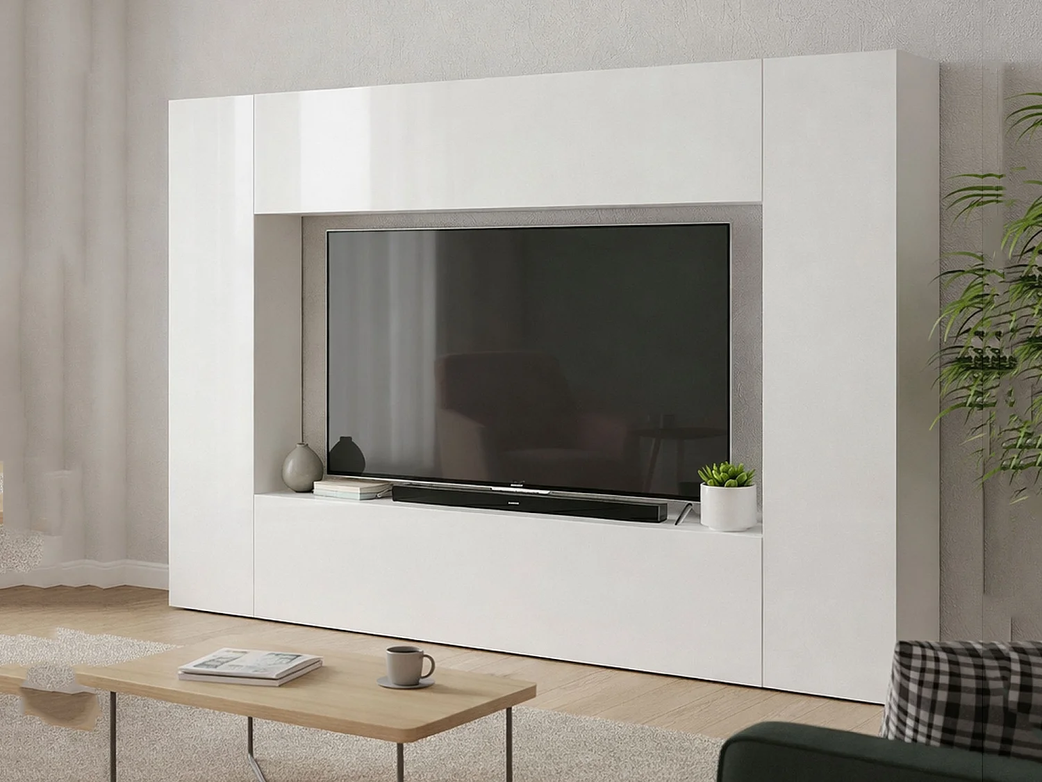 Élément mural Luigi, meuble TV 4 portes, meuble de salon polyvalent, 100% Made in Italy, 260x30h180 cm, Blanc brillant