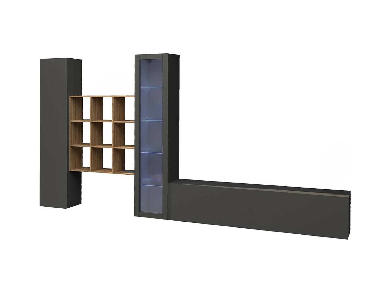 Système mural Davis, meuble TV 4 portes, Meuble de salon polyvalent avec vitrine et lumière LED, 100% Made in Italy, 310x30h180 cm, Anthracite et Érable