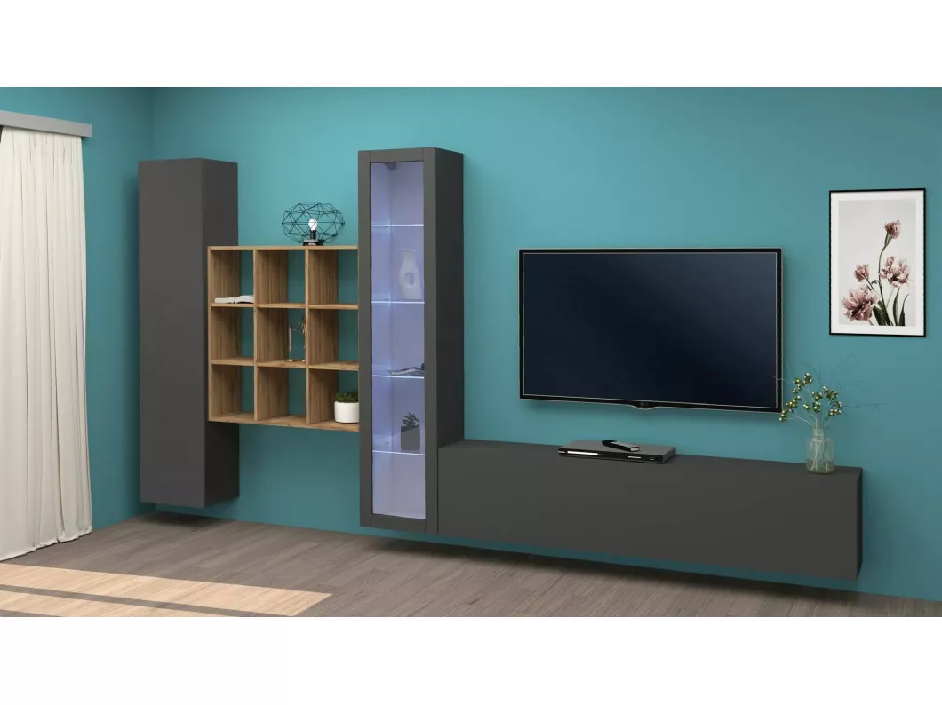 Kauf Unique Wohnzimmermöbel Davis, Wohnzimmer-Set TV-Möbel mit 4 Türen, Mehrzweck-Wohnmöbel mit Vitrine und LED-Licht, 100 % Made in Italy, cm 310x30h180, Anthrazit und Ahorn