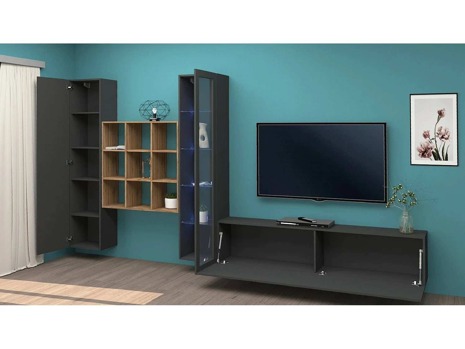 Dmora Woonwand Davis 30x310x180h cm Antraciet Zwart 18 Planken Openslaand en Kantelend, 21 Vakken Made in Italy