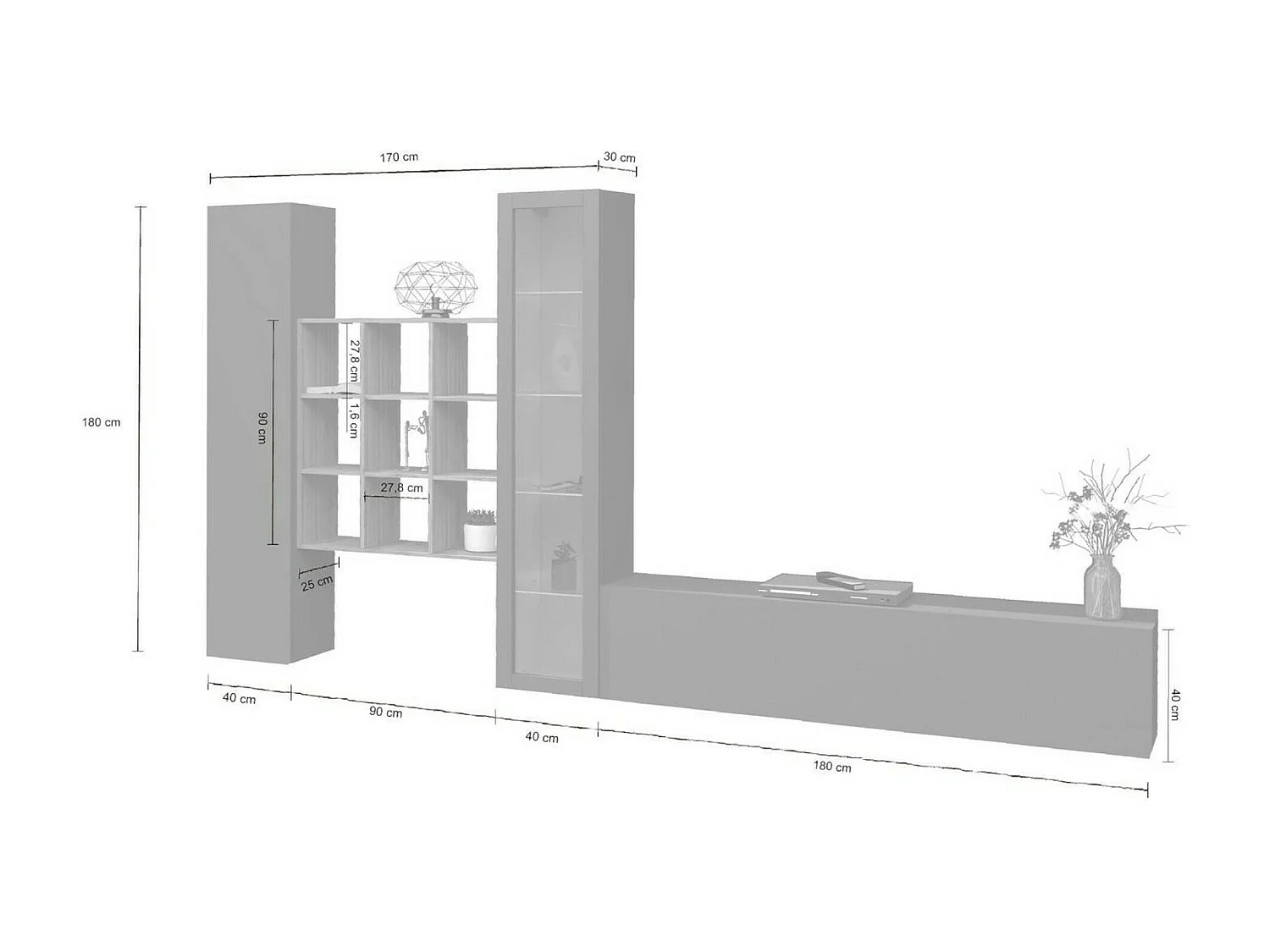 Système mural Davis, meuble TV 4 portes, Meuble de salon polyvalent avec vitrine et lumière LED, 100% Made in Italy, 310x30h180 cm, Anthracite et Érable