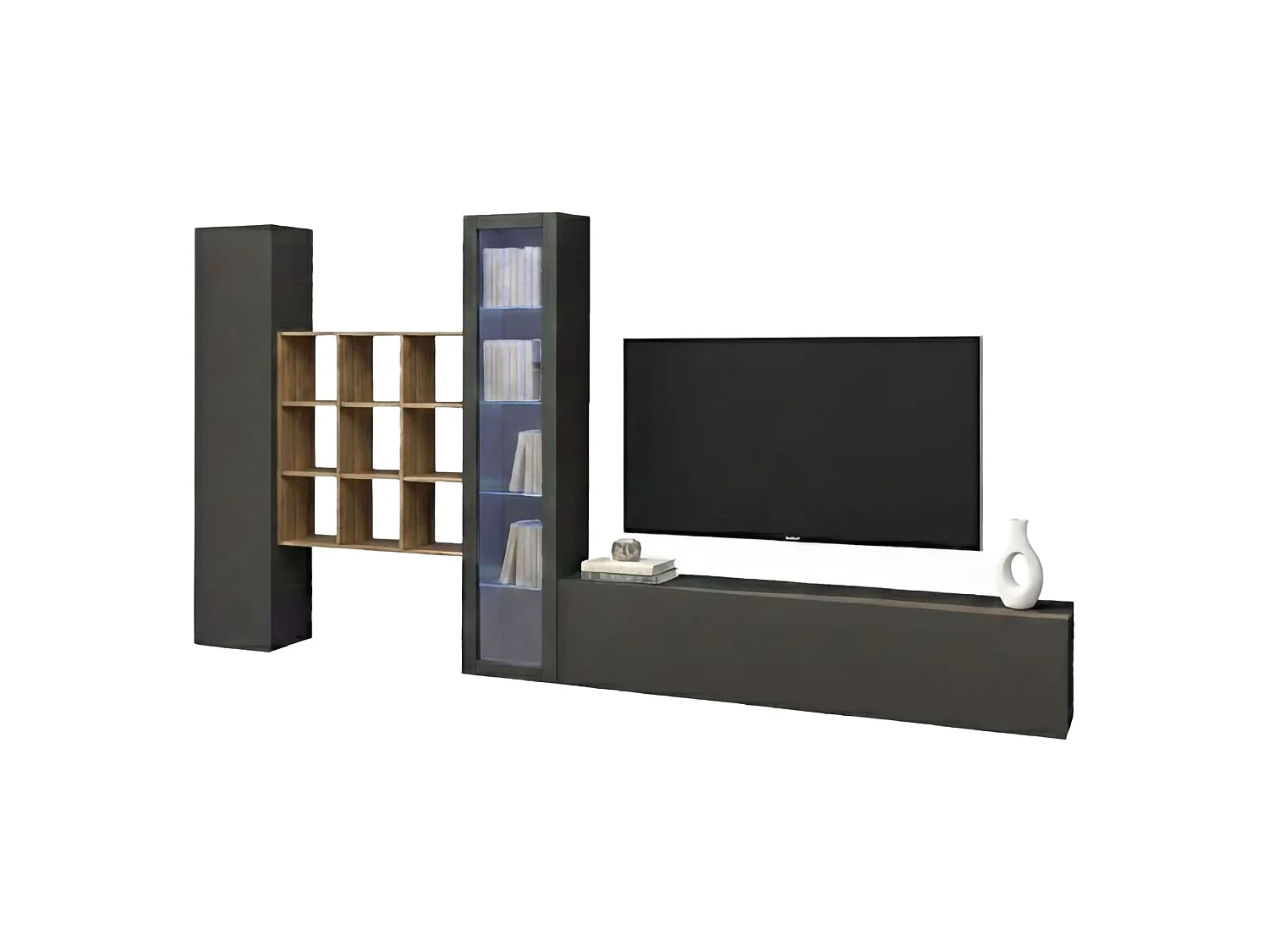 Parete attrezzata Davis, Set salotto porta TV a 4 ante, Mobile soggiorno multiuso con vetrina e luce LED, 100% Made in Italy, cm 310x30h180, Antracite e Acero