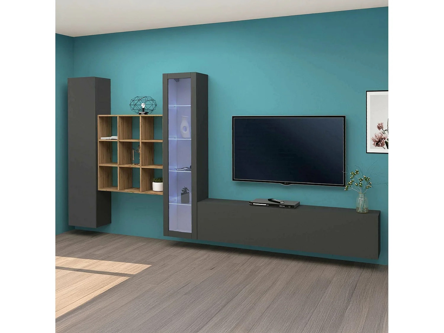 Parete attrezzata Davis, Set salotto porta TV a 4 ante, Mobile soggiorno multiuso con vetrina e luce LED, 100% Made in Italy, cm 310x30h180, Antracite e Acero