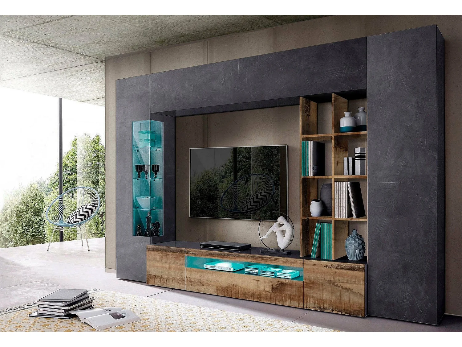 Unité murale Ocean, ensemble de salon meuble TV, meuble de salon polyvalent avec lumière LED, 100% Made in Italy, 290x40h192 cm, Ardoise et Érable