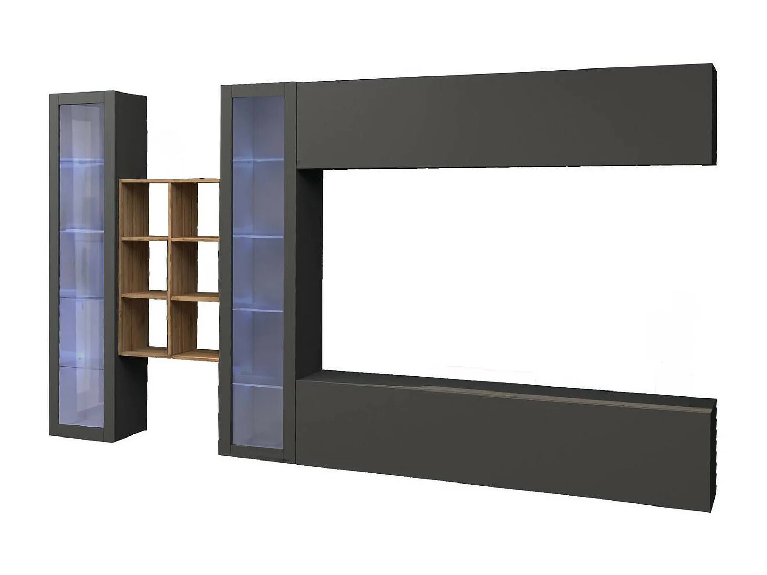 Système mural Demetrio, meuble TV 4 portes, Meuble de salon polyvalent, 100% Made in Italy, 280x30h180 cm, Anthracite et Érable