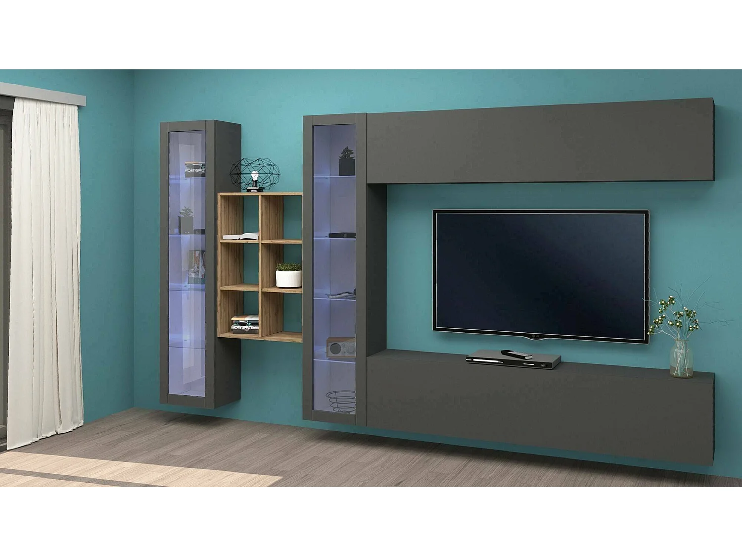 Dmora Woonwand Demetrio 30x280x180h cm Antraciet 18 Planken, 20 Vakken, Scharnier- en Klepdeuren, Made in Italy