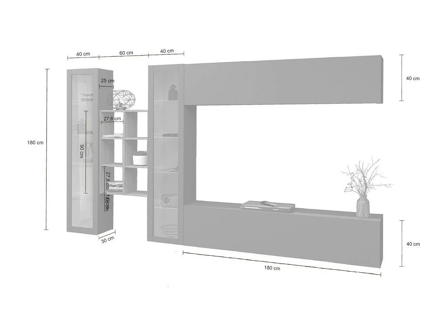 Dmora Woonwand Demetrio 30x280x180h cm Antraciet 18 Planken, 20 Vakken, Scharnier- en Klepdeuren, Made in Italy