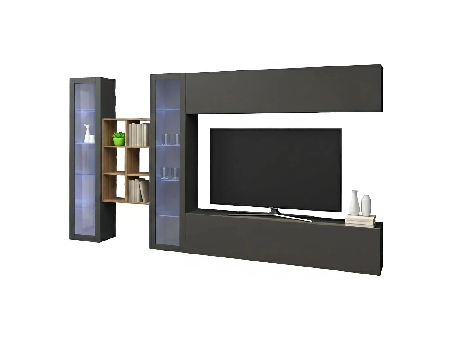 Sistema de parede Demetrio, conjunto de sala de TV com 4 portas, móveis de sala multiuso, 100% Fabricado na Itália, 280x30h180 cm, Antracite e Bordo
