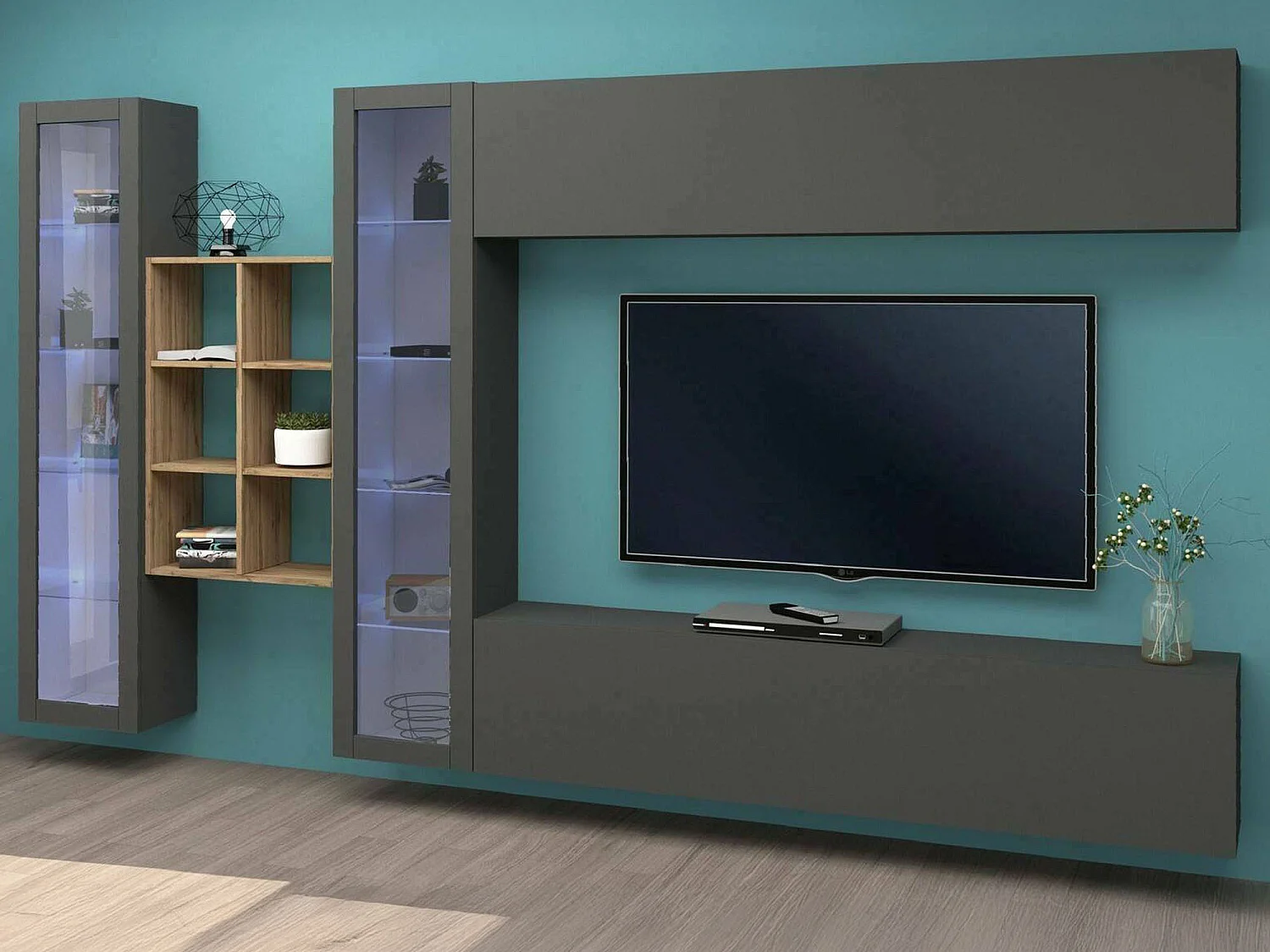 Sistema de parede Demetrio, conjunto de sala de TV com 4 portas, móveis de sala multiuso, 100% Fabricado na Itália, 280x30h180 cm, Antracite e Bordo