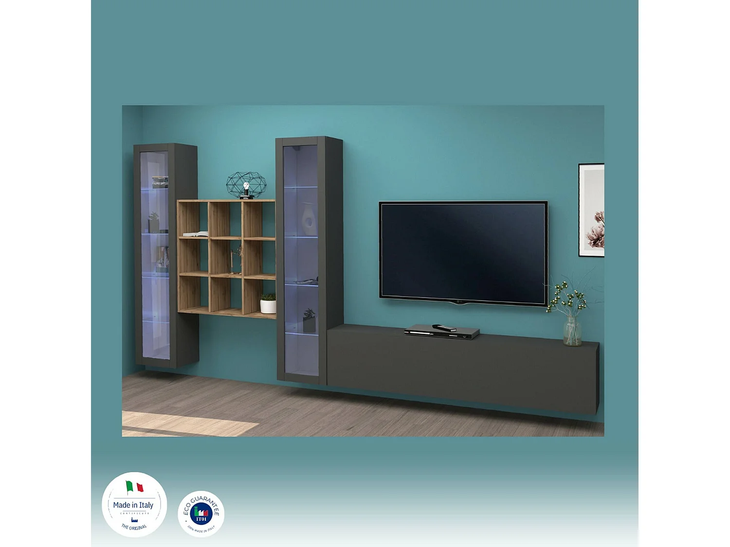 Élément mural Egidio, meuble TV 3 portes, Meuble de salon polyvalent avec vitrine et lumière LED, 100% Made in Italy, 350x30h180 cm, Anthracite et Érable