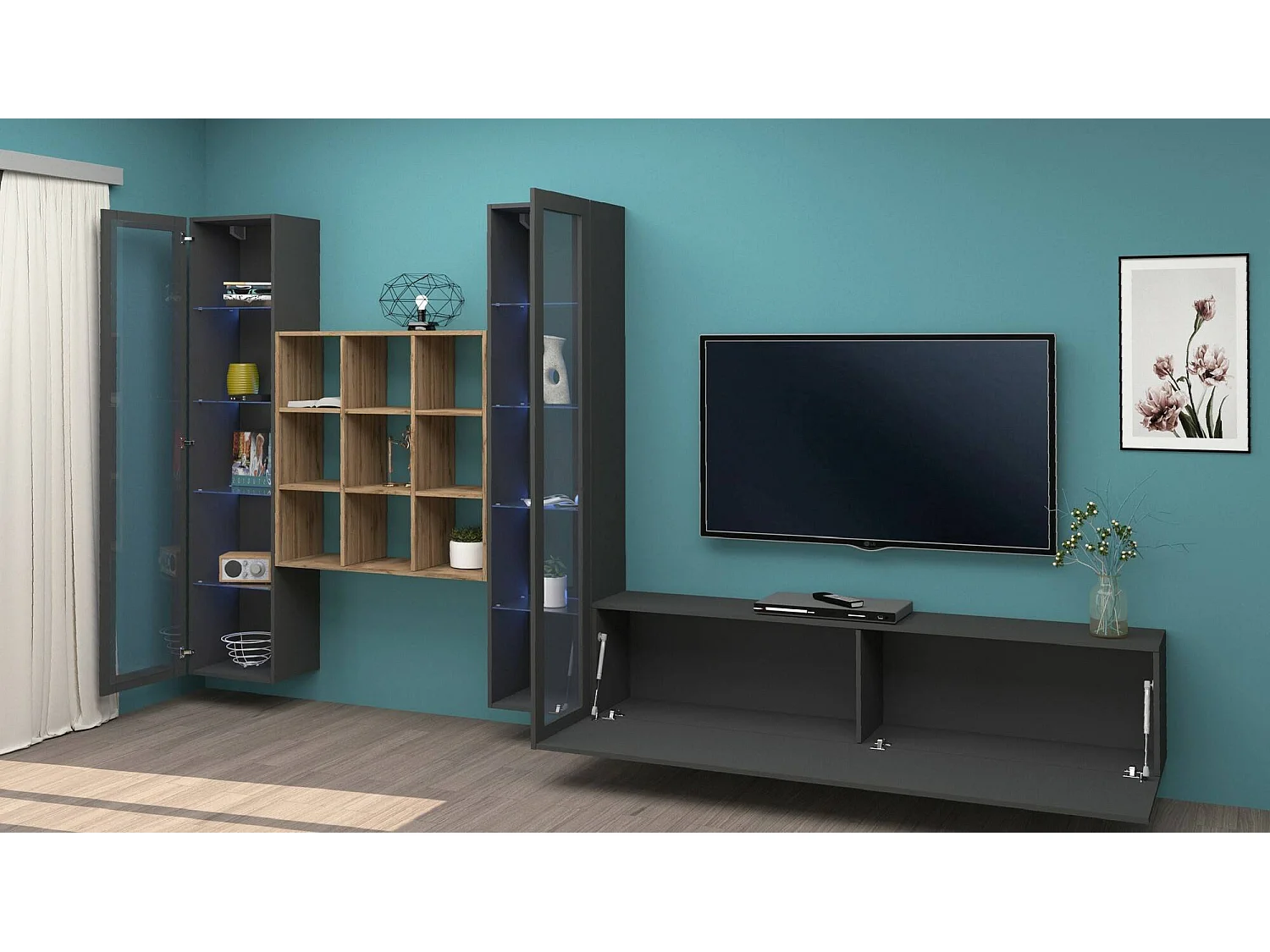 Parete attrezzata Egidio, Set salotto porta TV a 3 ante, Mobile soggiorno multiuso con vetrina e luce LED, 100% Made in Italy, cm 350x30h180, Antracite e Acero