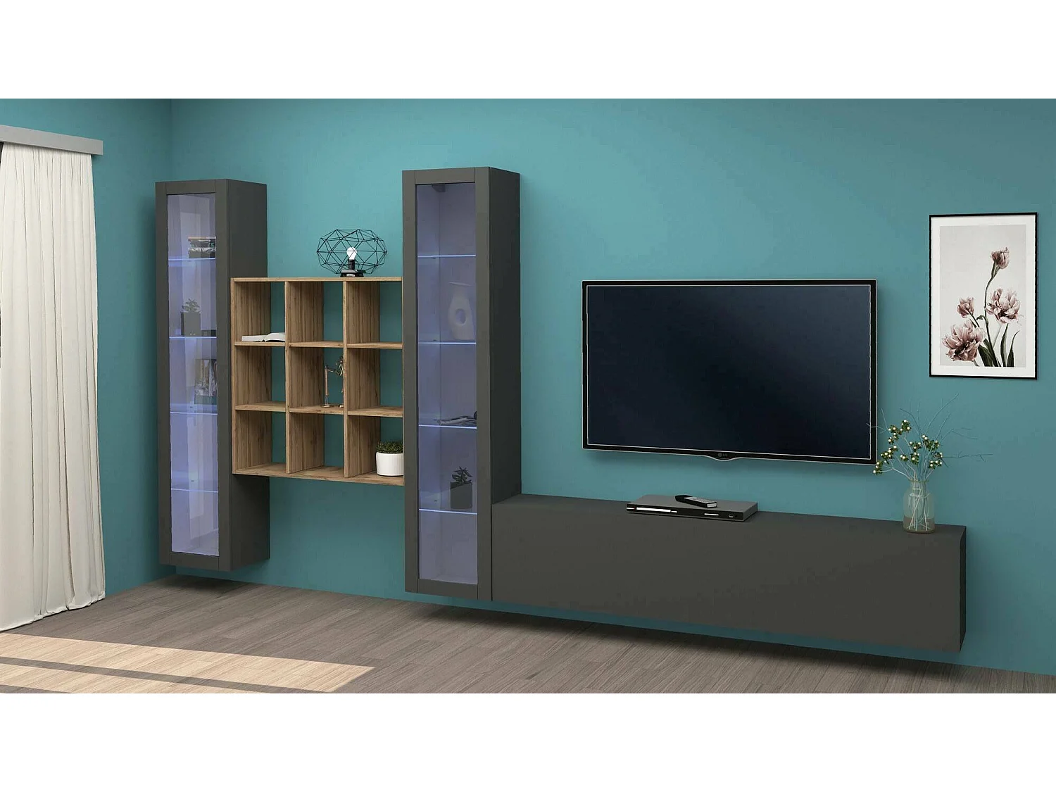 Élément mural Egidio, meuble TV 3 portes, Meuble de salon polyvalent avec vitrine et lumière LED, 100% Made in Italy, 350x30h180 cm, Anthracite et Érable